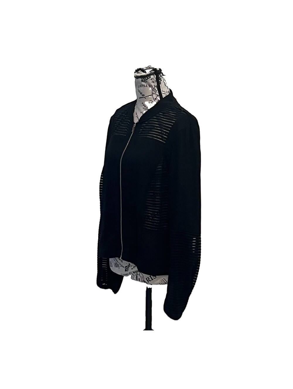 Cache Black Mesh Stripe Zip Front Jacket Size 12 Sheer Cutout Y2K Goth Evening - Picture 3 of 9